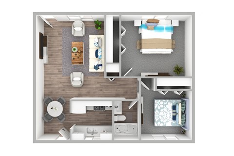 a stylized 3d floor plan of a bedroom with a bathroom and a living